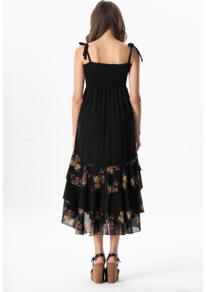 Askılı Vual Gülçimen Kat Kat Asimetrik Kesim Yazlık Midi Boy Elbise Siyah Syh fiyatları