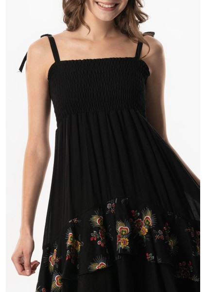 Askılı Vual Gülçimen Kat Kat Asimetrik Kesim Yazlık Midi Boy Elbise Siyah Syh modelleri