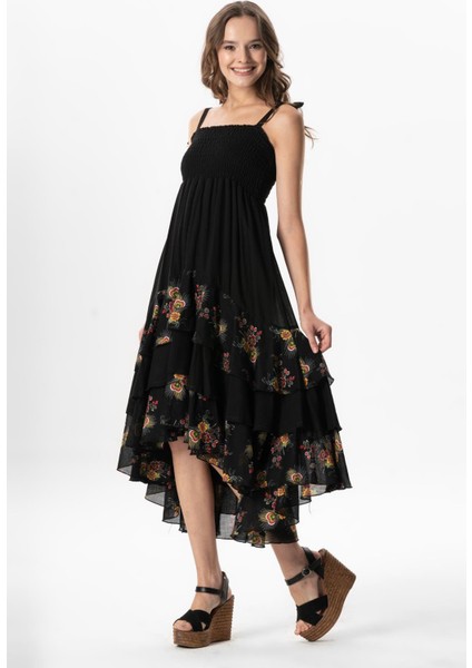 Askılı Vual Gülçimen Kat Kat Asimetrik Kesim Yazlık Midi Boy Elbise Siyah Syh indirimleri