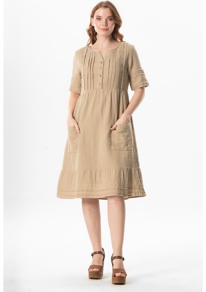 Kısa Kol Kare Yaka Dora Cep Detaylı Midi Boy Müslin Yazlık Elbise Vizon Vzn