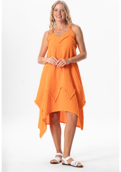 Askılı V Yaka Leyla Asimetrik Kesim Midi Boy Müslin Yazlık Elbise Turuncu Trnc