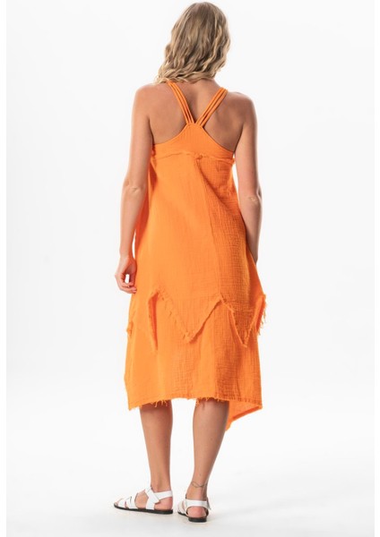 Askılı V Yaka Leyla Asimetrik Kesim Midi Boy Müslin Yazlık Elbise Turuncu Trnc fiyatları