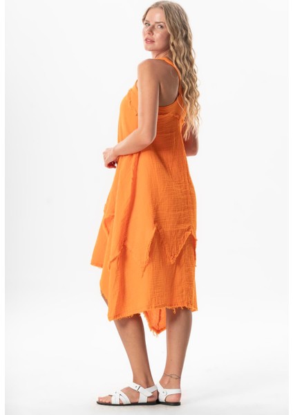 Askılı V Yaka Leyla Asimetrik Kesim Midi Boy Müslin Yazlık Elbise Turuncu Trnc fırsatları
