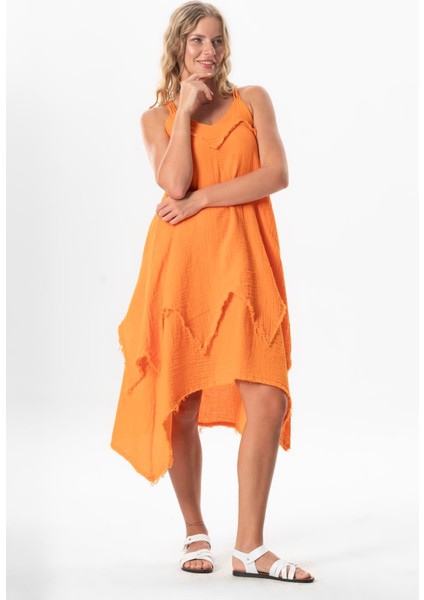 Askılı V Yaka Leyla Asimetrik Kesim Midi Boy Müslin Yazlık Elbise Turuncu Trnc indirimleri