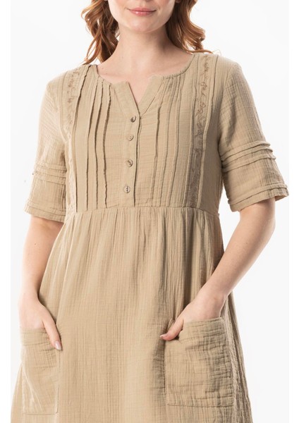 Kısa Kol Kare Yaka Dora Cep Detaylı Midi Boy Müslin Yazlık Elbise Vizon Vzn modelleri