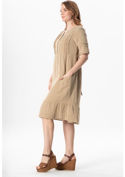 Kısa Kol Kare Yaka Dora Cep Detaylı Midi Boy Müslin Yazlık Elbise Vizon Vzn fırsatları