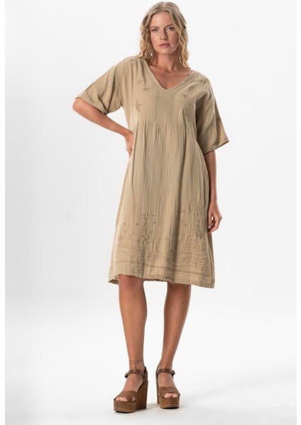 Kısa Kol V Yaka Alize Nakışlı Midi Boy Müslin Yazlık Elbise Vizon Vzn