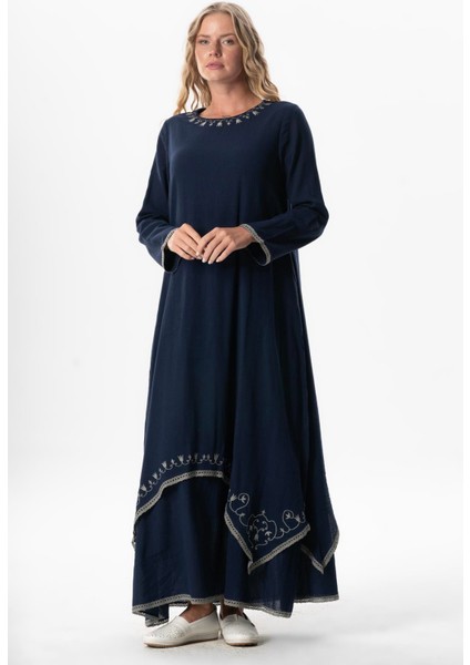 Uzun Kol Şile Bezi Lerzan Oval Yaka Nakışlı Yazlık Elbise Lacivert Lcvt indirimleri