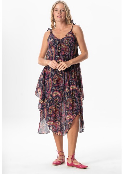 Askılı Vual Afrodit Midi Boy Yazlık Elbise Şal Lacivert 6215