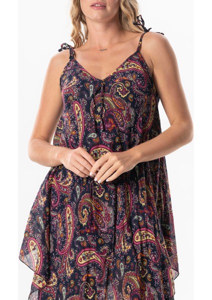 Askılı Vual Afrodit Midi Boy Yazlık Elbise Şal Lacivert 6215 modelleri