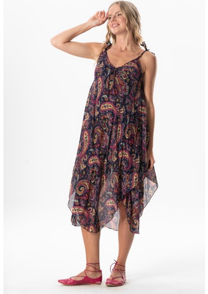 Askılı Vual Afrodit Midi Boy Yazlık Elbise Şal Lacivert 6215 fırsatları