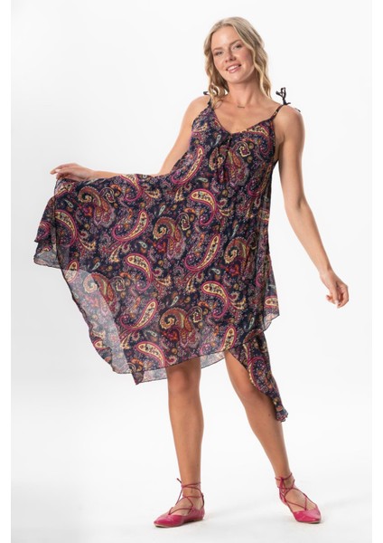 Askılı Vual Afrodit Midi Boy Yazlık Elbise Şal Lacivert 6215 indirimleri