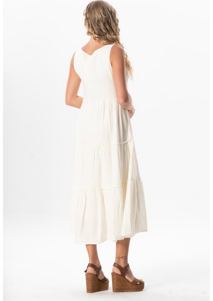 Kolsuz Artemis Oval Yaka Yıldız Baskılı Midi Boy Müslin Yazlık Elbise Kırık Beyaz Krkbyz fiyatları