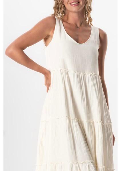 Kolsuz Artemis Oval Yaka Yıldız Baskılı Midi Boy Müslin Yazlık Elbise Kırık Beyaz Krkbyz modelleri