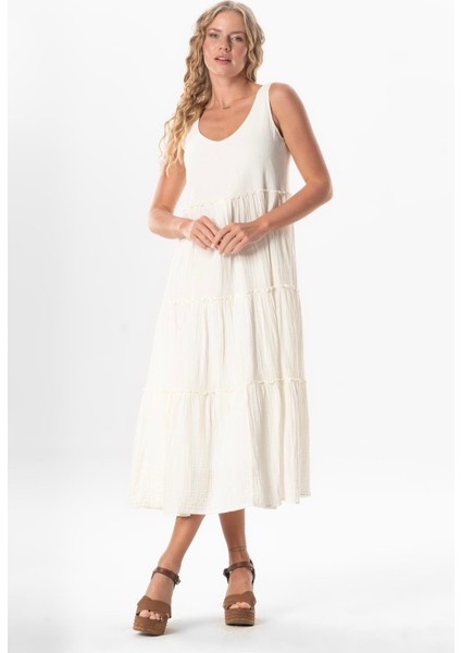 Kolsuz Artemis Oval Yaka Yıldız Baskılı Midi Boy Müslin Yazlık Elbise Kırık Beyaz Krkbyz indirimleri