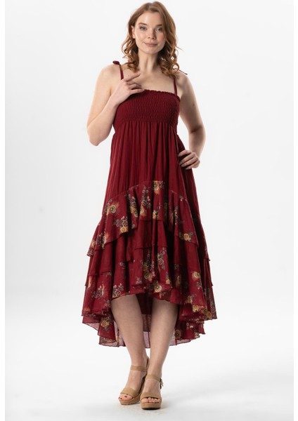 Askılı Vual Gülçimen Kat Kat Asimetrik Kesim Yazlık Midi Boy Elbise Bordo Brd