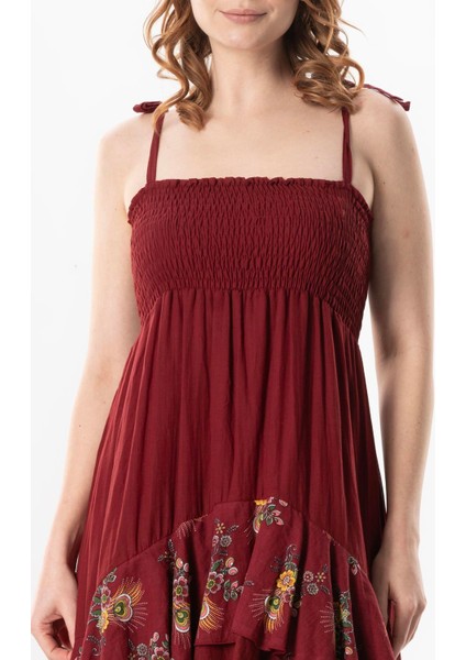 Askılı Vual Gülçimen Kat Kat Asimetrik Kesim Yazlık Midi Boy Elbise Bordo Brd modelleri