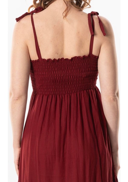Askılı Vual Gülçimen Kat Kat Asimetrik Kesim Yazlık Midi Boy Elbise Bordo Brd fırsatları