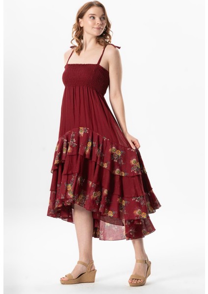 Askılı Vual Gülçimen Kat Kat Asimetrik Kesim Yazlık Midi Boy Elbise Bordo Brd indirimleri