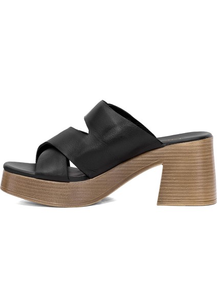 D25YT-1200 Kadın Deri Topuklu Terlik Siyah modelleri