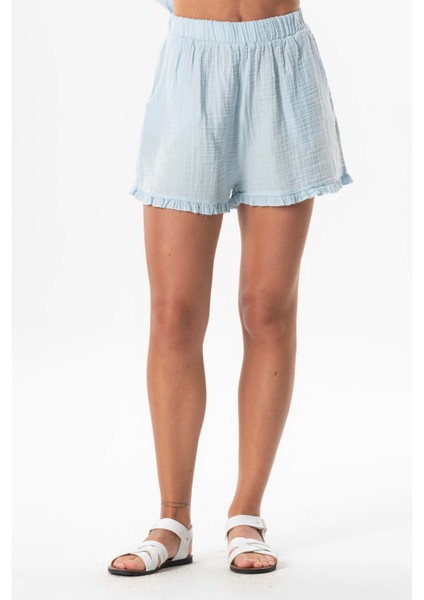 Beli Lastikli Duru Fırfır Detaylı Müslin Yazlık Kısa Şort Zeytin Yeşili Zytnysl