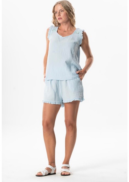 Beli Lastikli Duru Fırfır Detaylı Müslin Yazlık Kısa Şort Zeytin Yeşili Zytnysl fırsatları