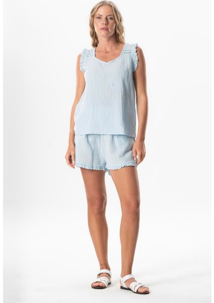 Beli Lastikli Duru Fırfır Detaylı Müslin Yazlık Kısa Şort Zeytin Yeşili Zytnysl indirimleri