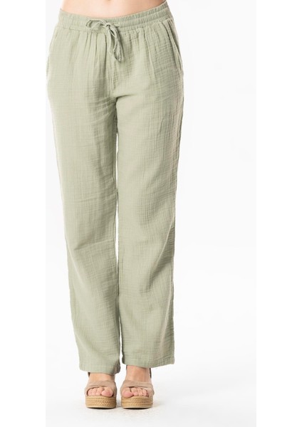 Müslin Beli Bağcıklı Çift Cepli Kadın Yazlık Pantolon Zeytin Yeşili Zytnysl