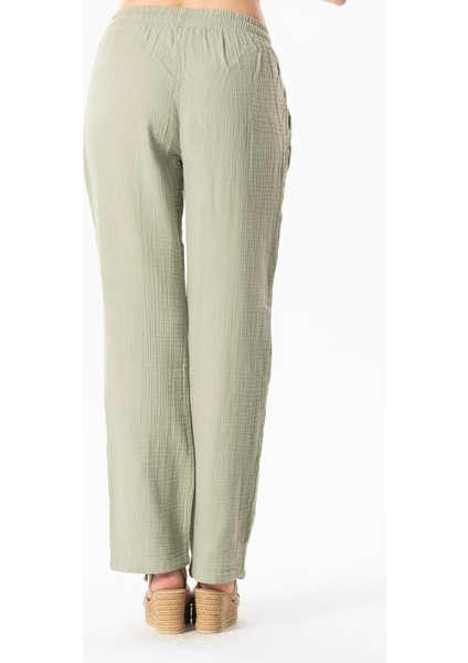 Müslin Beli Bağcıklı Çift Cepli Kadın Yazlık Pantolon Zeytin Yeşili Zytnysl fiyatları