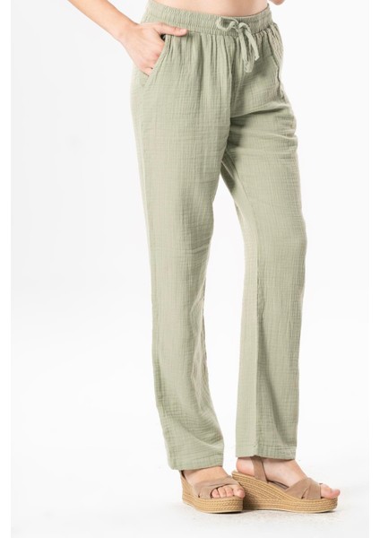 Müslin Beli Bağcıklı Çift Cepli Kadın Yazlık Pantolon Zeytin Yeşili Zytnysl modelleri
