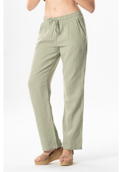 Müslin Beli Bağcıklı Çift Cepli Kadın Yazlık Pantolon Zeytin Yeşili Zytnysl fırsatları