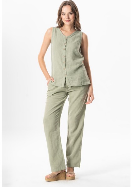 Müslin Beli Bağcıklı Çift Cepli Kadın Yazlık Pantolon Zeytin Yeşili Zytnysl indirimleri