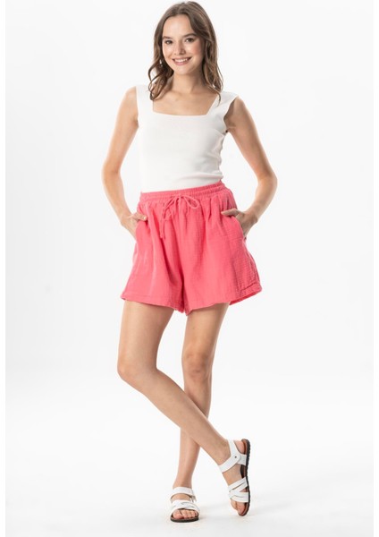 Lastik Detaylı Beli Bağcıklı Kısa Müslin Salaş Şort Beyaz Byz indirimleri