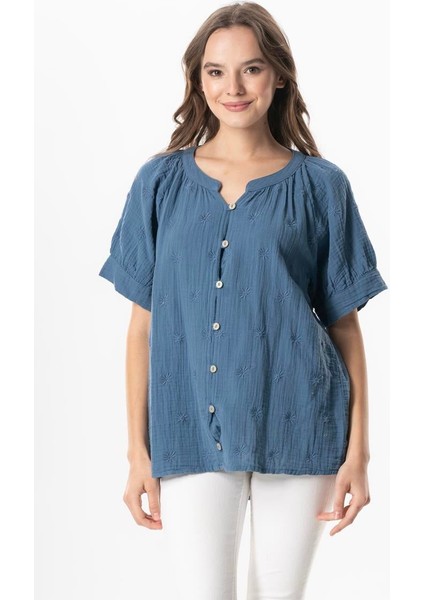 Kısa Kol V Yaka Venüs Düğmeli Müslin Yazlık Bluz Haki Hk