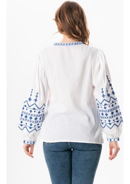 Uzun Kol Şile Bezi Idil V Yaka Nakışlı Yazlık Bluz Beyaz Byz fiyatları