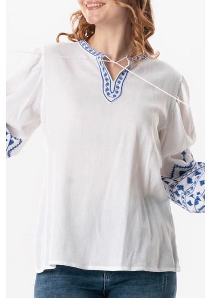 Uzun Kol Şile Bezi Idil V Yaka Nakışlı Yazlık Bluz Beyaz Byz modelleri