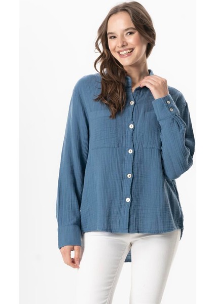Uzun Kol Burcu Cep Detaylı Müslin Yazlık Gömlek Indigo Indg