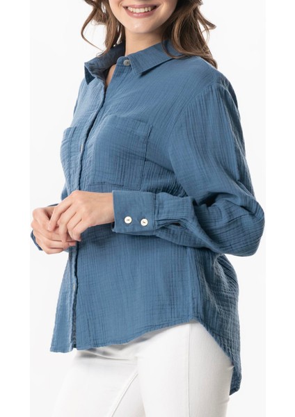 Uzun Kol Burcu Cep Detaylı Müslin Yazlık Gömlek Indigo Indg modelleri
