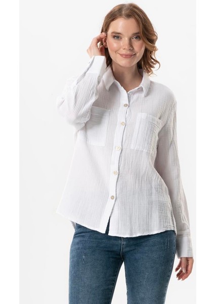 Uzun Kol Burcu Cep Detaylı Müslin Yazlık Gömlek Beyaz Byz
