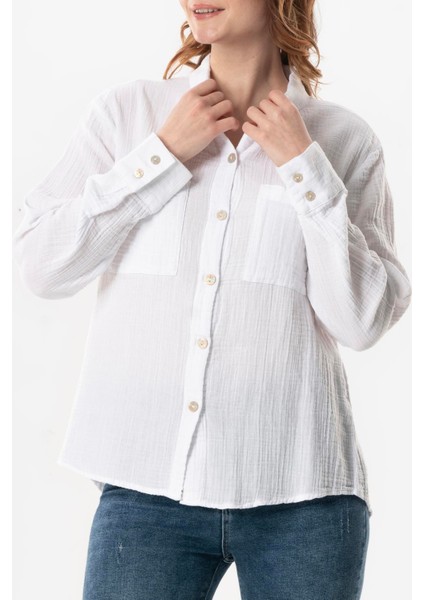 Uzun Kol Burcu Cep Detaylı Müslin Yazlık Gömlek Beyaz Byz modelleri