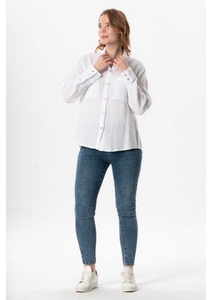 Uzun Kol Burcu Cep Detaylı Müslin Yazlık Gömlek Beyaz Byz indirimleri