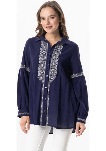 Uzun Kol Şile Bezi Maviş Nakış Işlemeli Yazlık Gömlek Mor Mor