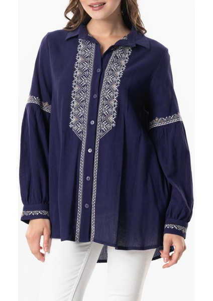 Uzun Kol Şile Bezi Maviş Nakış Işlemeli Yazlık Gömlek Mor Mor modelleri