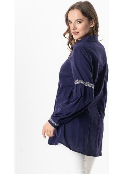 Uzun Kol Şile Bezi Maviş Nakış Işlemeli Yazlık Gömlek Mor Mor fırsatları