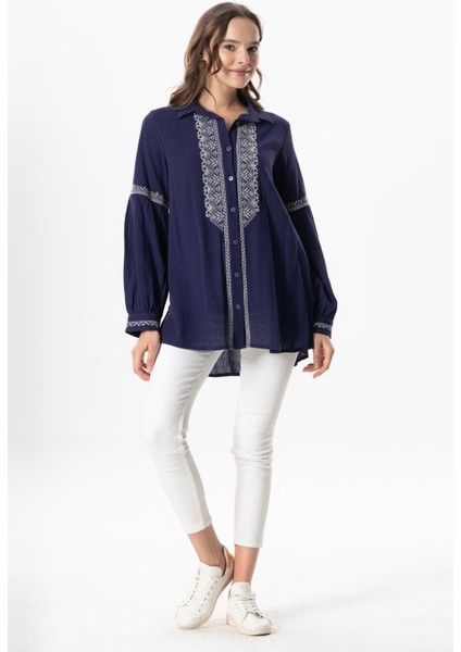 Uzun Kol Şile Bezi Maviş Nakış Işlemeli Yazlık Gömlek Mor Mor indirimleri