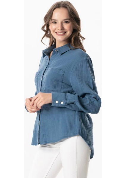 Uzun Kol Burcu Cep Detaylı Müslin Yazlık Gömlek Indigo Indg fırsatları