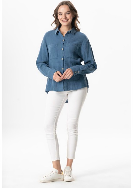 Uzun Kol Burcu Cep Detaylı Müslin Yazlık Gömlek Indigo Indg indirimleri