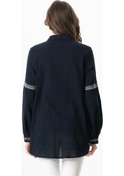 Uzun Kol Şile Bezi Maviş Nakış Işlemeli Yazlık Gömlek Lacivert Lcvt fiyatları