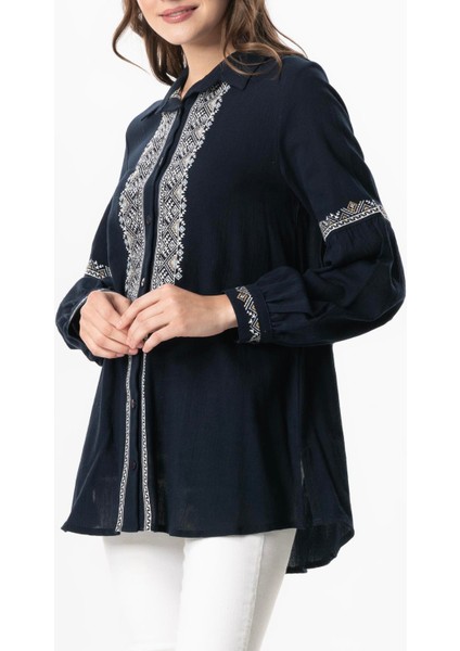 Uzun Kol Şile Bezi Maviş Nakış Işlemeli Yazlık Gömlek Lacivert Lcvt modelleri