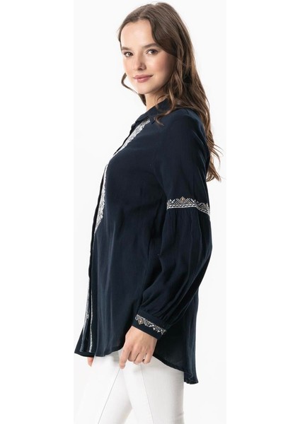 Uzun Kol Şile Bezi Maviş Nakış Işlemeli Yazlık Gömlek Lacivert Lcvt fırsatları